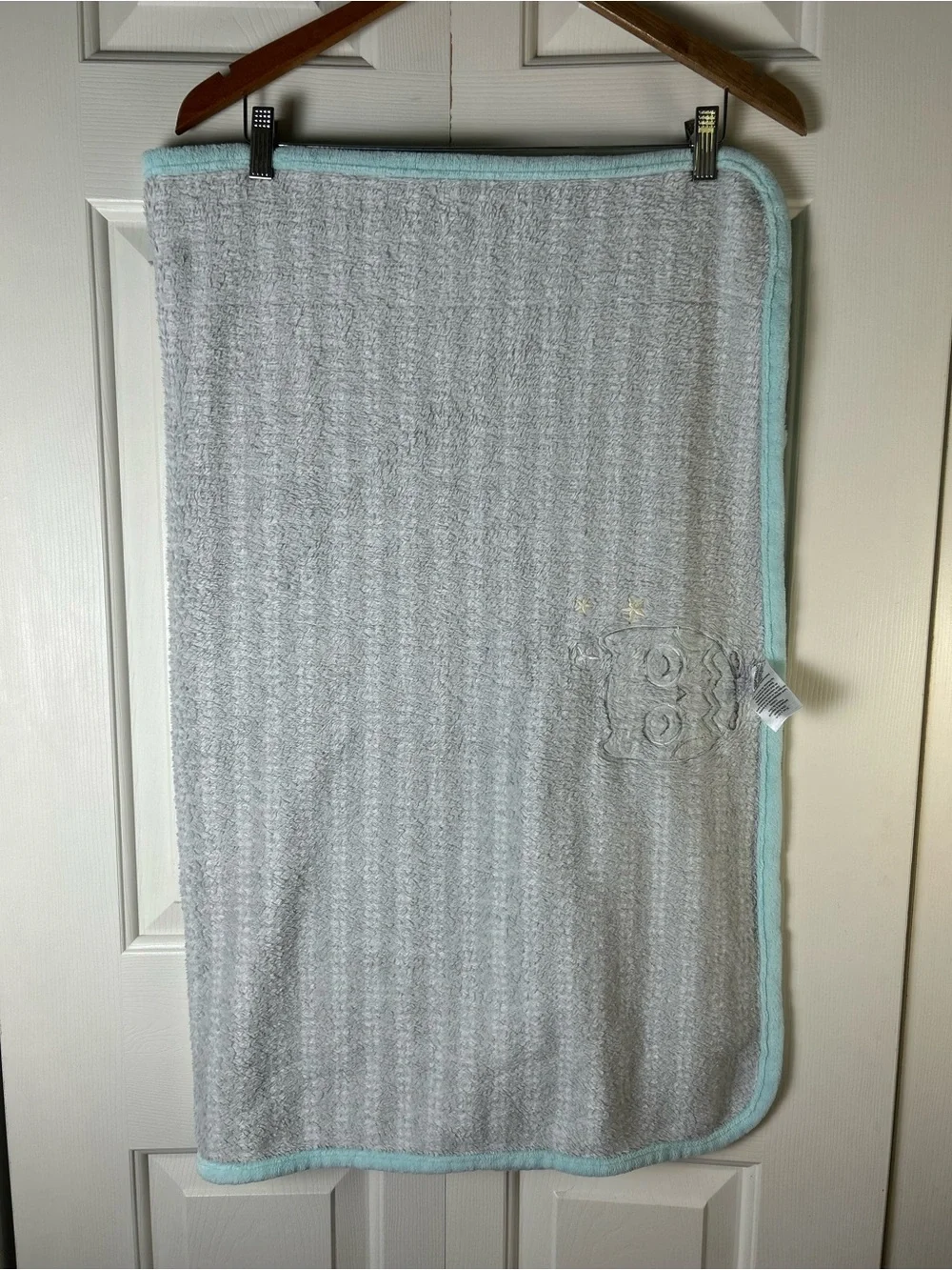 Parent's Choice Gray Sleeping Owl Baby Blanket Aqua Blue White Stripes Stars